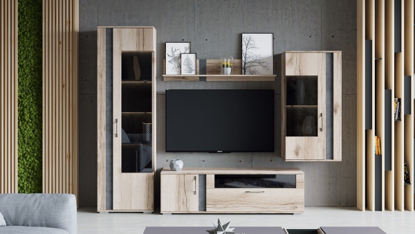 Гостиная «Брайтон» №1 Камень/Дуб Делано/Ш-2550 x В-1974 x Г-463 мм)